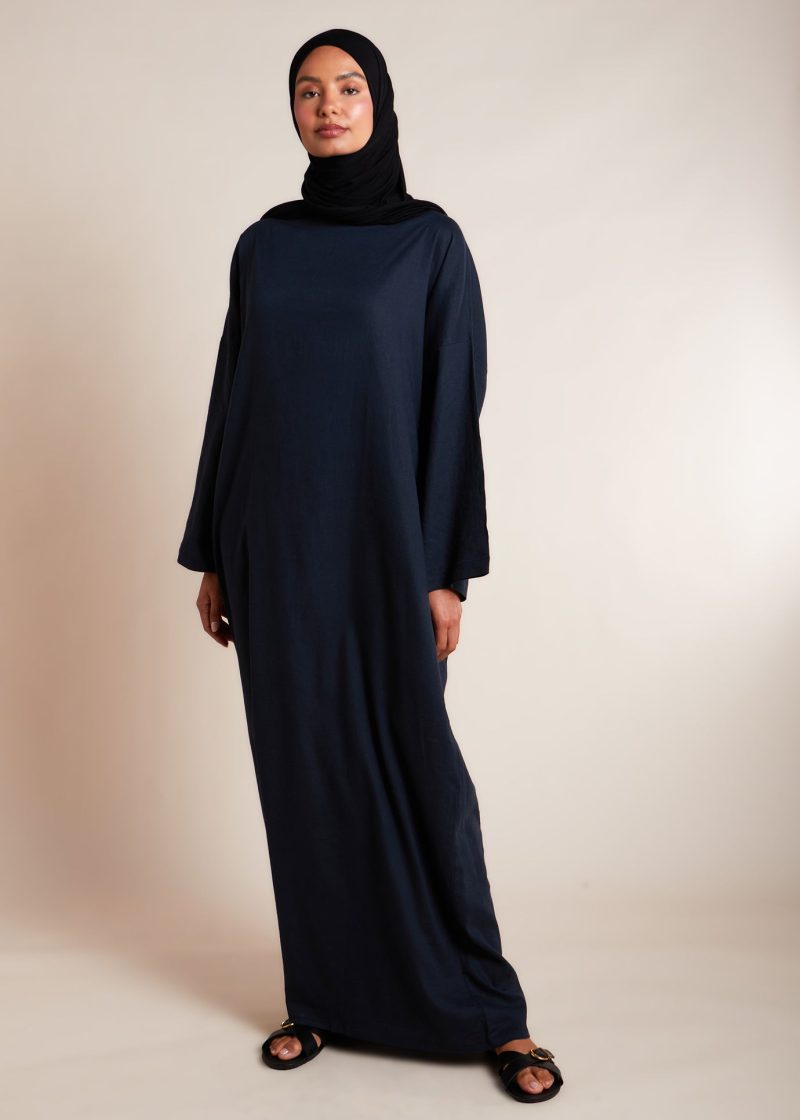 Navy Linen Boat Neck Abaya 1