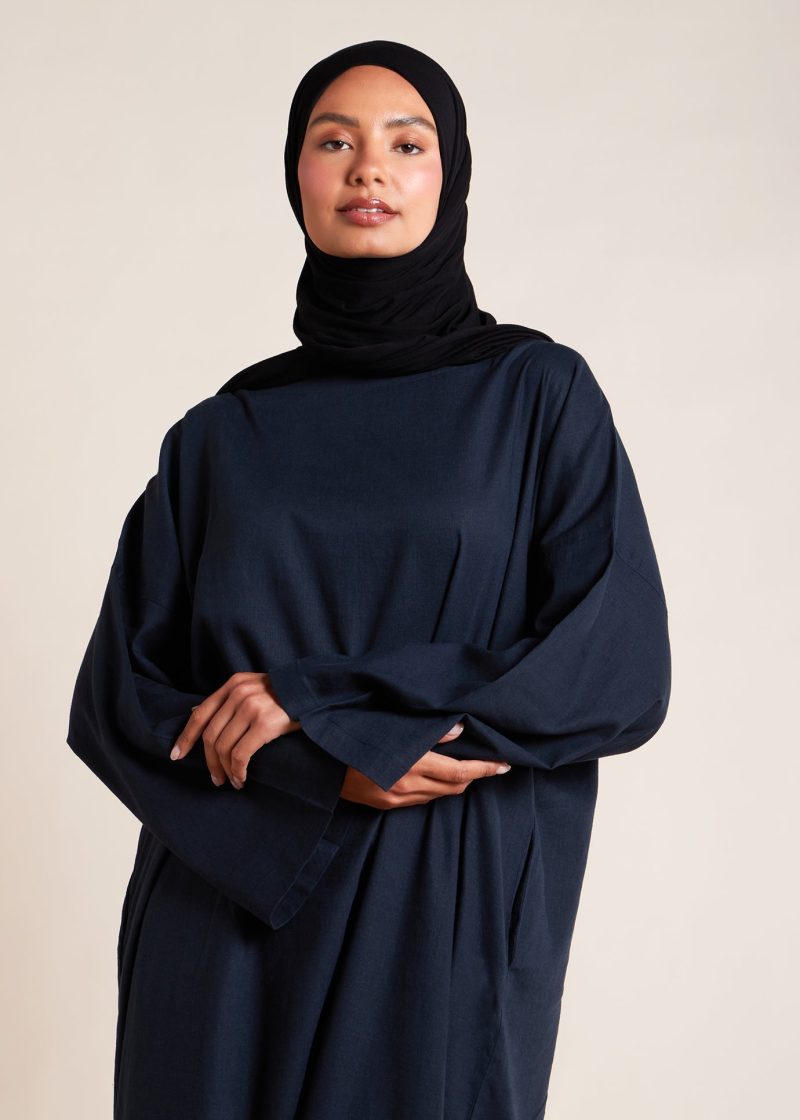 Navy Linen Boat Neck Abaya 2