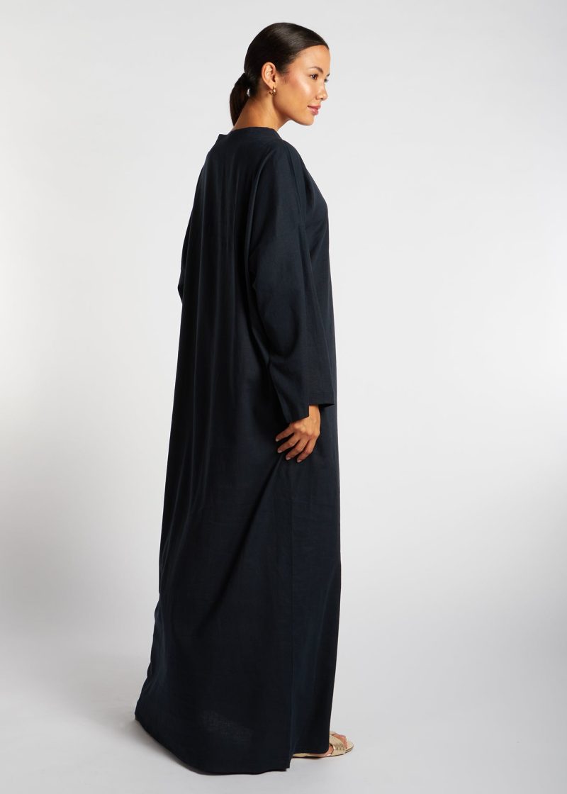 Navy Linen Boat Neck Abaya 4