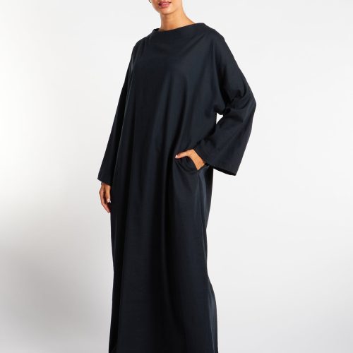 Navy Linen Boat Neck Abaya 5