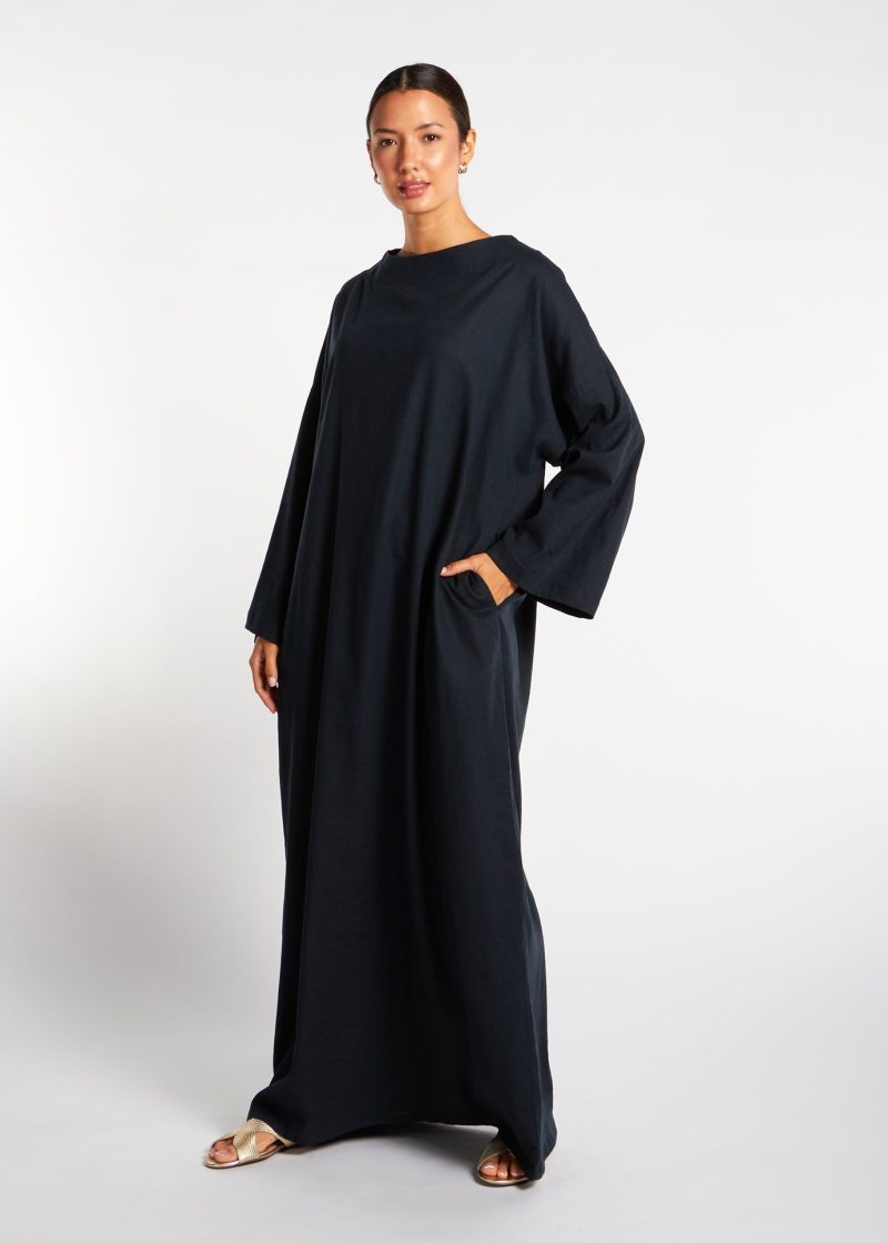 Navy Linen Boat Neck Abaya 5