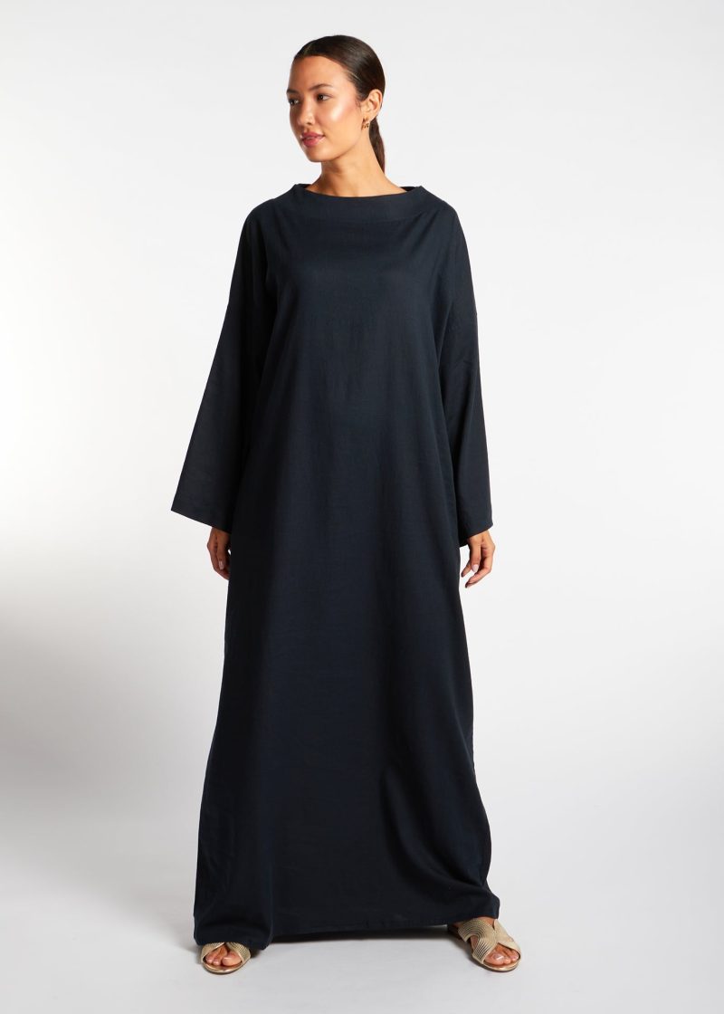 Navy Linen Boat Neck Abaya 6