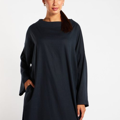 Navy Linen Boat Neck Abaya 7