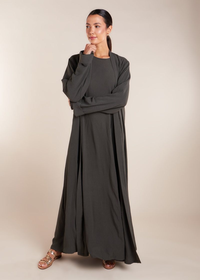 Two Piece Open Abaya with Slip Khaki 1 302a47c2 6fd9 4e8b af10 fa59e1bdfe5f